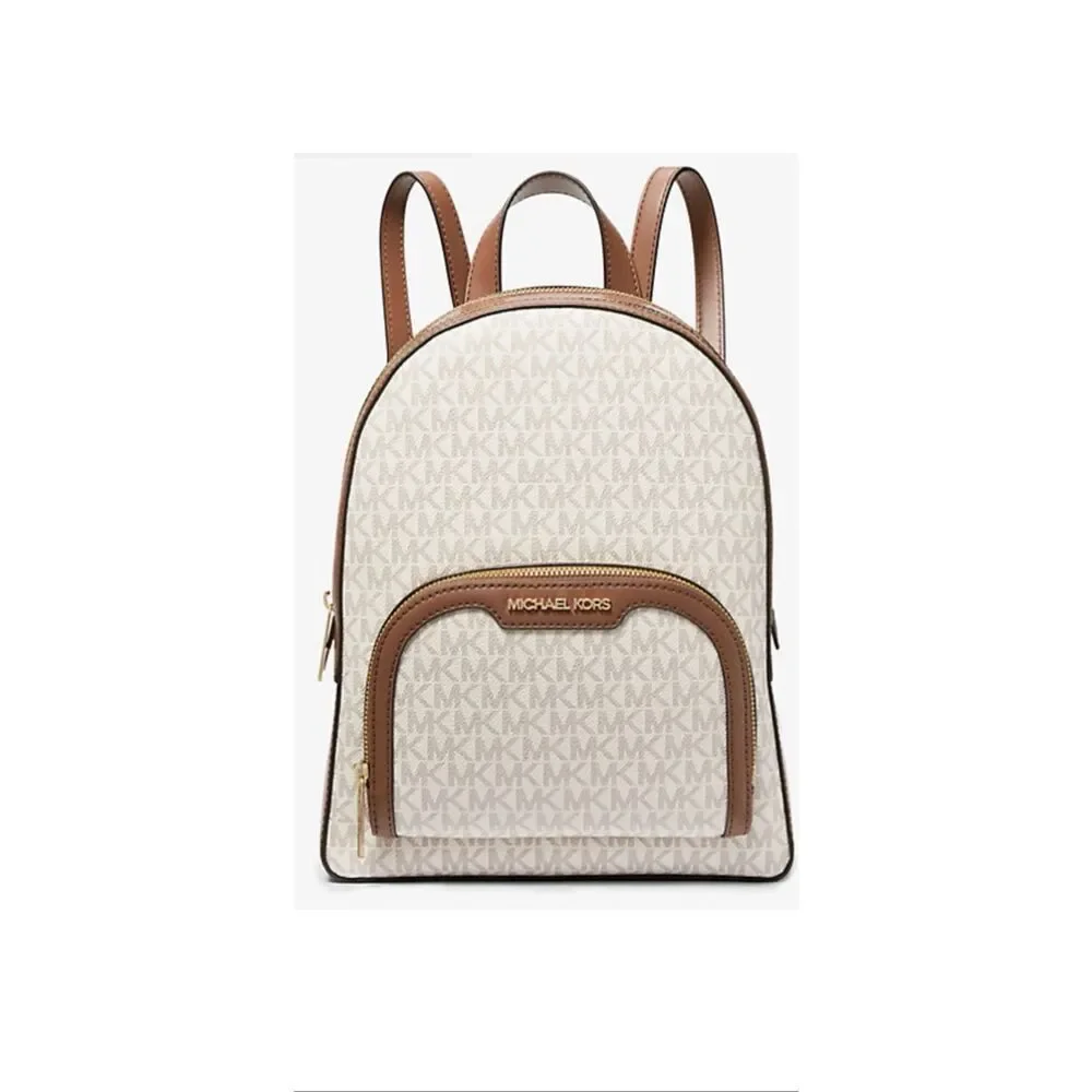 Michael Kors Jaycee Medium Zip Pocket Backpack Bag Tote Vanilla Logo Leather NWT